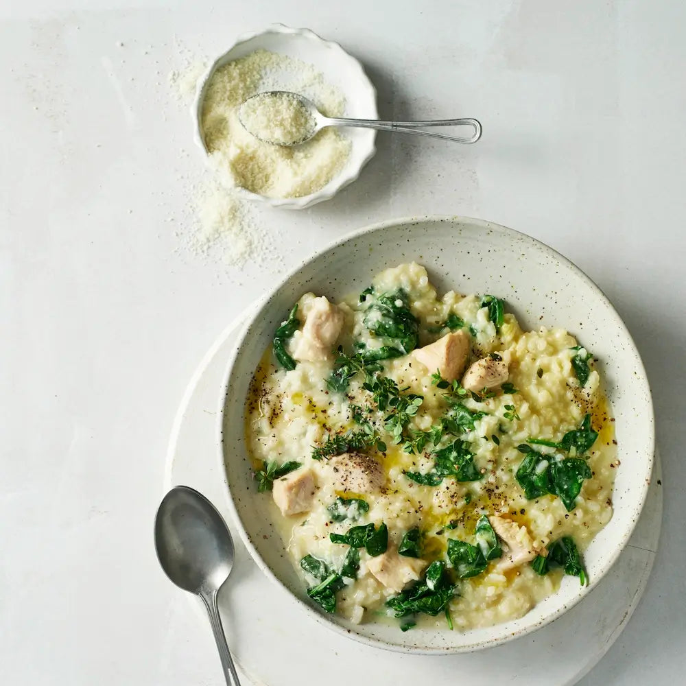 Stir free chicken, spinach and leek risotto