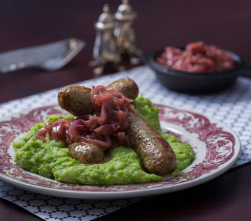 Bangers and mixed mash with caramelised onions