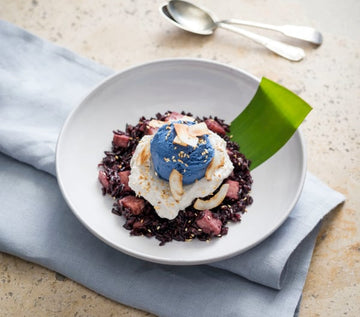 Black sticky rice with taro and blue matcha ice cream