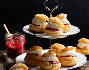 Craquelin choux puffs with raspberry and white chocolate filling