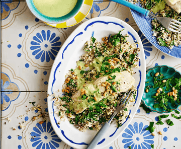Fish with herb tahini sauce & quinoa cauli tabbouleh