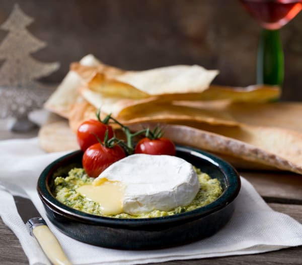 Melted Brie with basil and lemon pesto