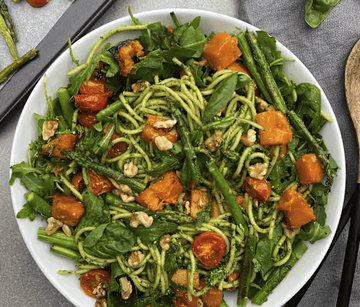 Pesto spaghetti with roast pumpkin