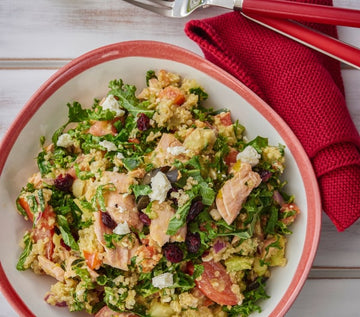 Salmon, quinoa, feta and mixed vegetable salad