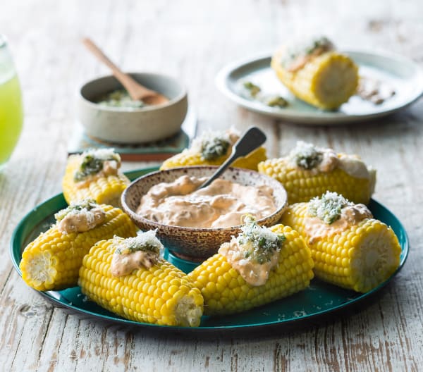 Steamed corn with chipotle mayonnaise and coriander salsa
