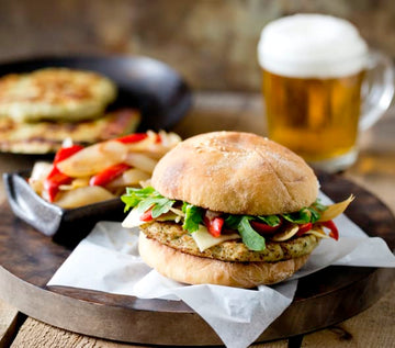 Turkey burgers with caramelised onion and capsicum