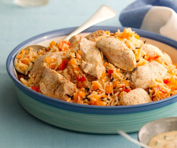 Chicken with Carrot & Red Pepper Rice and Creamy Mustard Sauce