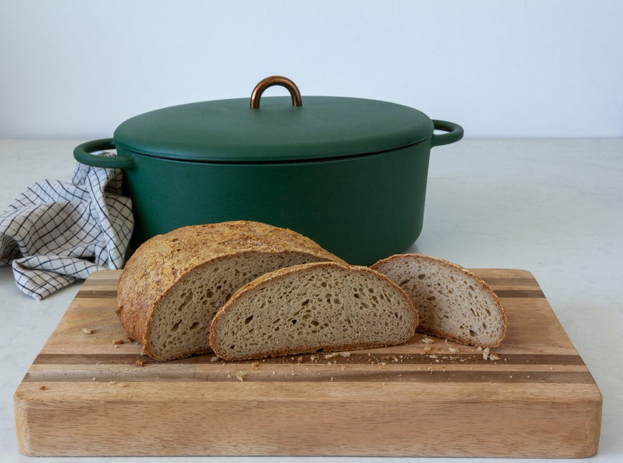 Gluten free artisan loaf baked in a cast iron pot