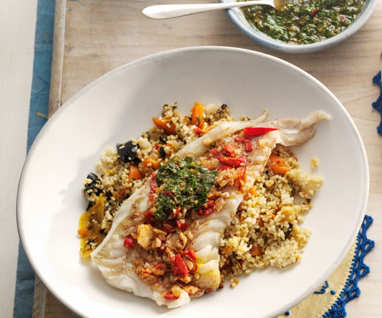 Marinated White Fish Fillets with Chermoula Sauce and Couscous Salad