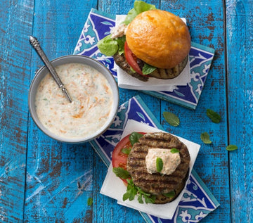 Moroccan lamb burgers with harissa yoghurt dressing