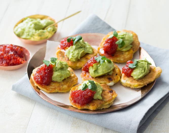 Sweetcorn fritters with chilli jam and avocado cream